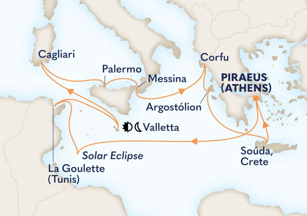 Med. cruise route map showing stops Valletta, La Goulette (Tunis), Palermo, Messina, Argostólion, Corfu, Piraeus (Athens), Souda (Crete) with orange voyage lines and arrows.